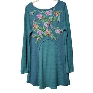 Soft Surroundings Women's Sz M Green Embroidered Waffle Thermal Tunic